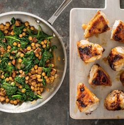 Apricot-glazed chicken with chickpeas, chorizo, and spinach
