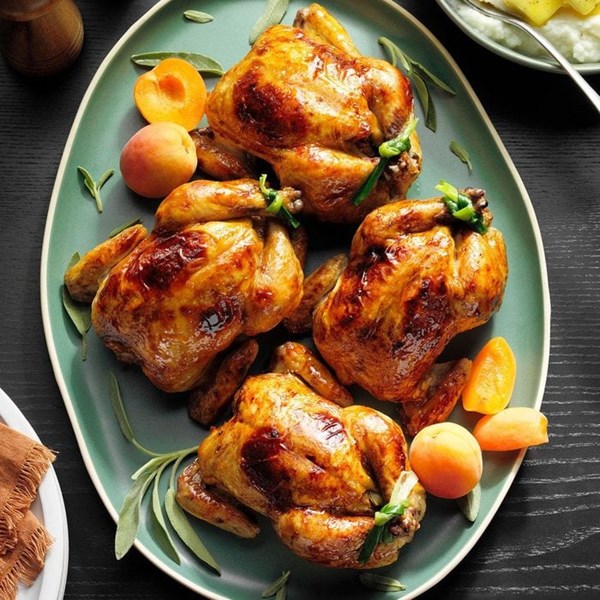 Apricot-glazed Cornish hens