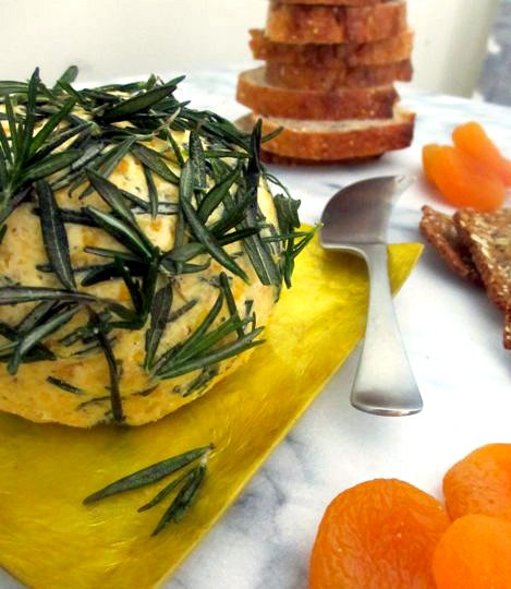 Apricot goat cheese ball with fried rosemary and shallots