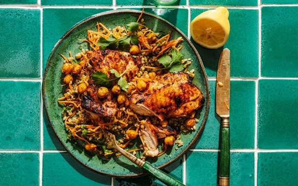 Apricot harissa chicken salad with freekeh