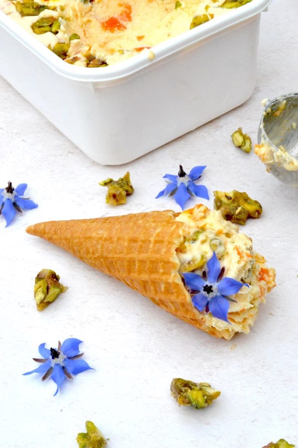 Apricot ice cream with saffron, honey and pistachio brittle