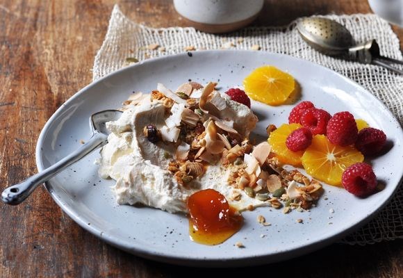 Apricot jam breakfast labne with roasted granola & fruit