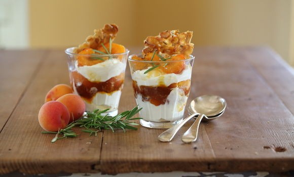 Apricot jam fool with almond and rosemary crisp