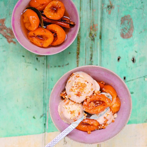 Apricot kernel & almond milk ice cream with baked rosé apricots