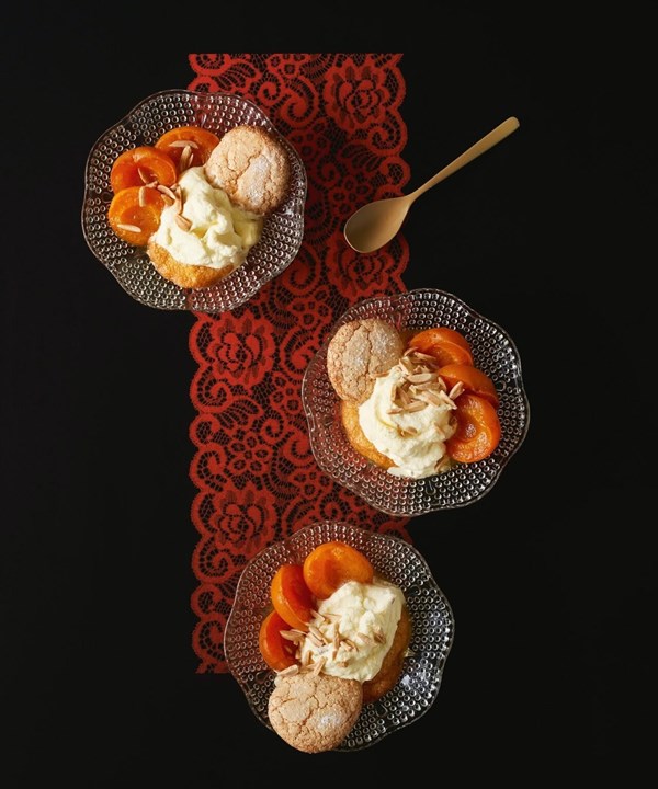 Apricot, orange & almond clouds with almond & cardamom biscuits
