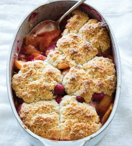 Apricot raspberry cobbler with hazelnut biscuits