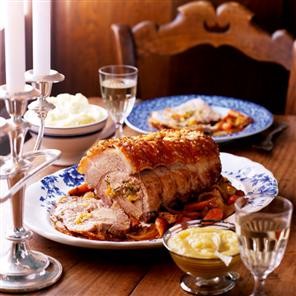 Apricot, shallot, pine nut and sage-stuffed loin of pork