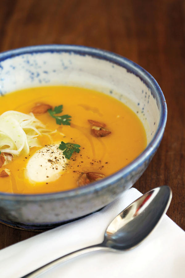 Apricot soup with noyaux, fennel & yogurt