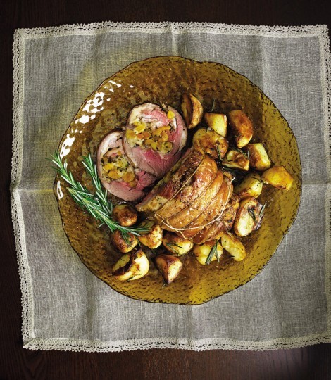 Apricot stuffed lamb shoulder with rosemary roast potatoes