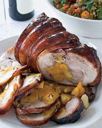 Apricot-stuffed pork shoulder with soy-honey glaze