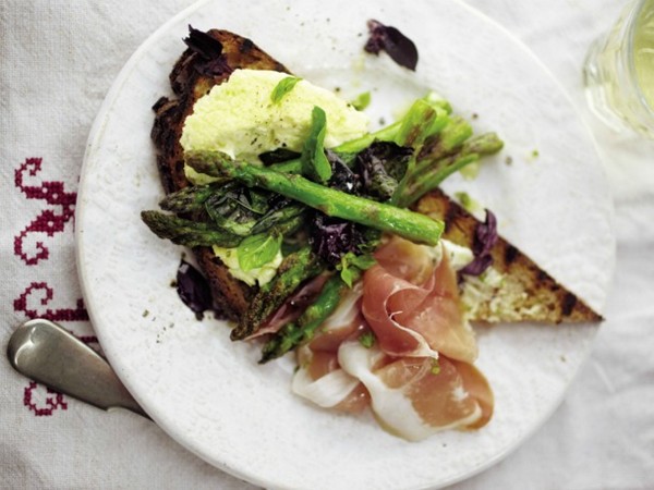 April Bloomfield's asparagus with Parmesan pudding and prosciutto (Cook the Book)