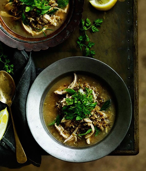 Arabian freekeh soup with chicken, yoghurt and herbs