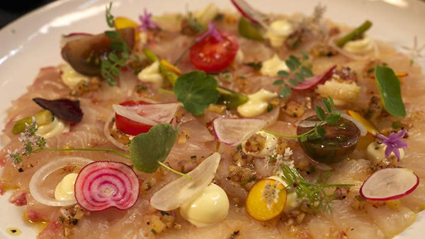 Arak-cured kingfish with smashed radish dressing