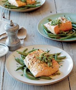 Arctic char and green beans with arugula-lemon pesto