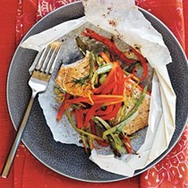 Arctic char and vegetables in parchment hearts