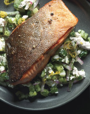 Arctic char with cucumber-feta relish and jalapeño-goat cheese hush puppies
