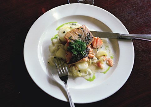 Arctic char with king trumpet mushrooms, fingerlings, and Meyer lemon butter sauce