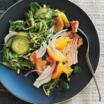 Arctic char with orange-caper relish with frisée and arugula salad