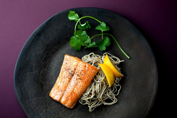 Arctic char with soba noodles, pine nut and lemon