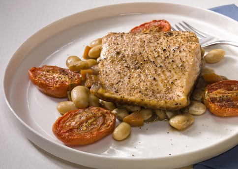 Arctic char with white beans, wild mushrooms, and oven-dried tomatoes