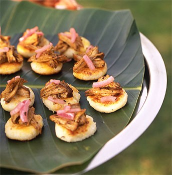 Arepas with pulled pork and pickled onion