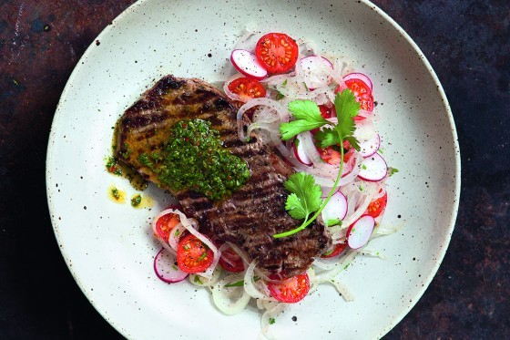 Argentinian-style steak with onion and radish salad