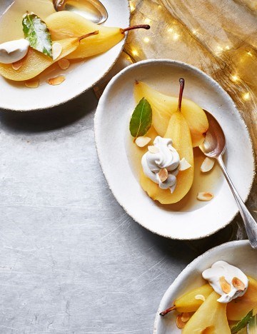Aromatic bay-poached pears with maple cream
