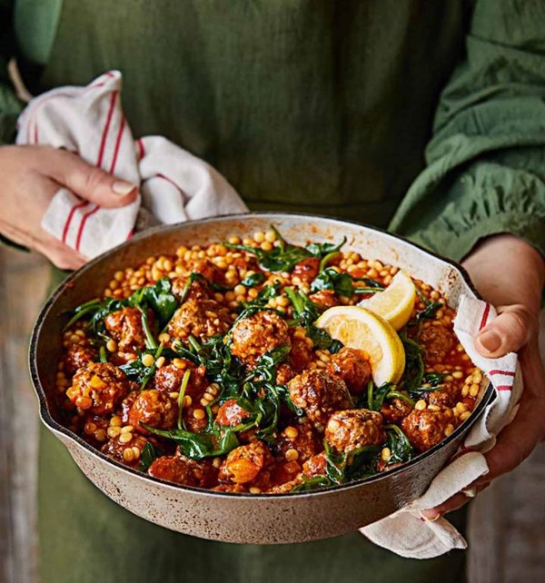 Aromatic lamb meatball and giant couscous stew