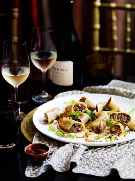 Aromatic lamb spring rolls with labne and toasted grains