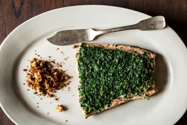 Aromatic poached salmon with rye and caper breadcrumbs
