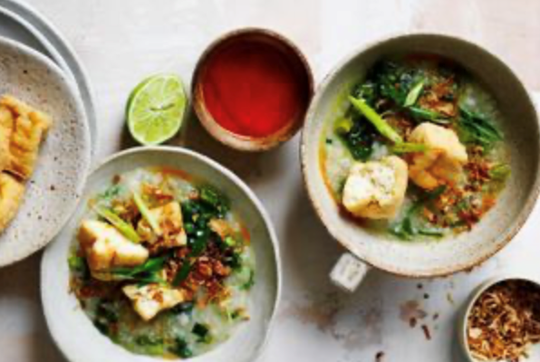 Arroz caldo with fried tofu