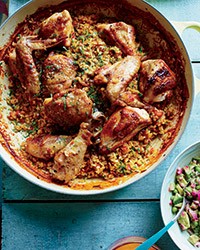 Arroz con pollo with avocado-green pea salsa