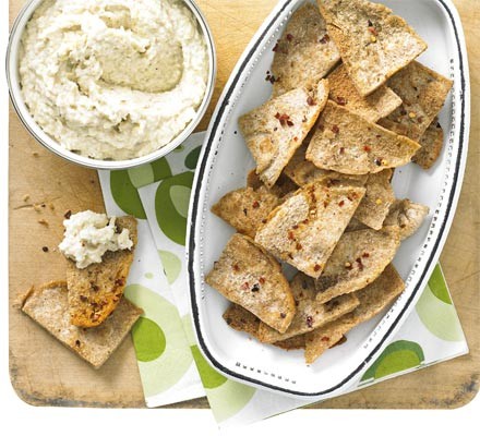 Artichoke and butter bean dip with pitta herb crisps