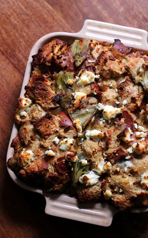 Artichoke and goat cheese strata