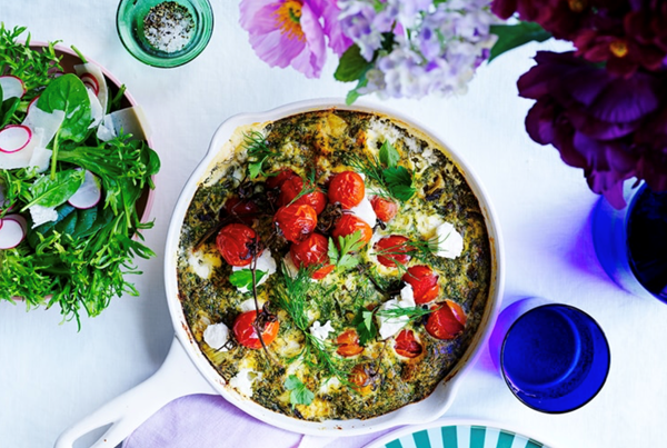 Artichoke and goat's cheese frittata with cherry tomatoes