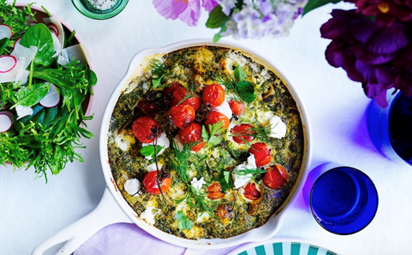 Artichoke and goat's cheese frittata with cherry tomatoes