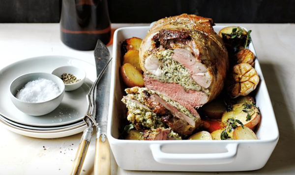Artichoke and oregano stuffed lamb leg with lemon roasted potatoes