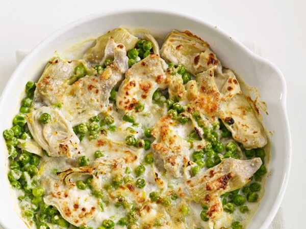Artichoke and pea gratin