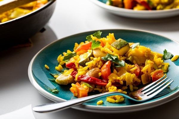Artichoke and roasted red pepper paella