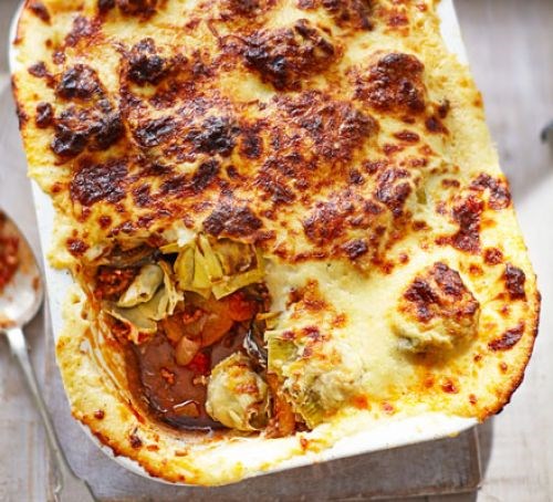 Artichoke, aubergine & lamb moussaka