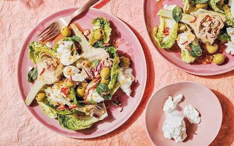 Artichoke, baby gem, olive and mozzarella salad with preserved lemon and honey dressing