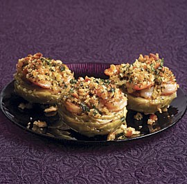 Artichoke bottoms with shrimp, lemon butter, and herbed breadcrumbs