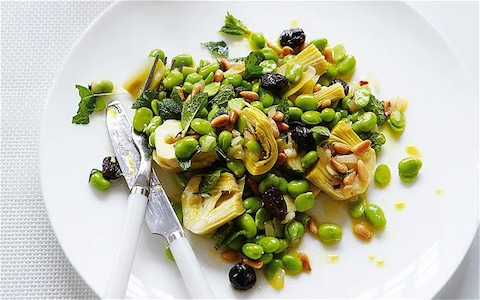 Artichoke, broad bean and shallot salad with saffron dressing