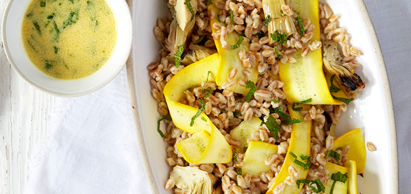Artichoke, courgette and lemon farro salad