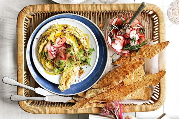 Artichoke dip with fennel & rosemary pickled radish