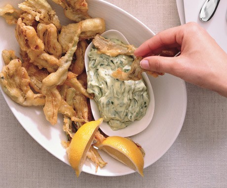 Artichoke fritters with green goddess dipping sauce