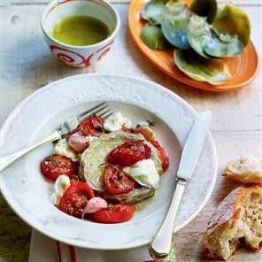 Artichoke hearts with roasted tomatoes and buffalo mozzarella