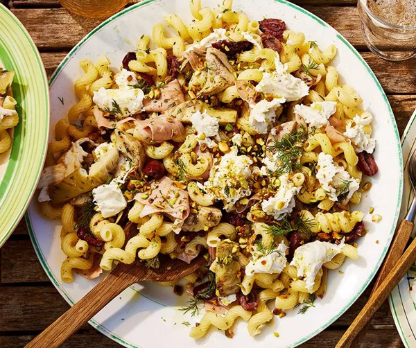 Artichoke, mortadella & pistachio pasta salad