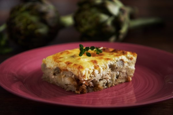 Artichoke moussaka with caramelized onions and feta (Anginares mousaka)