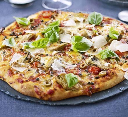 Artichoke, olive and caper pizza